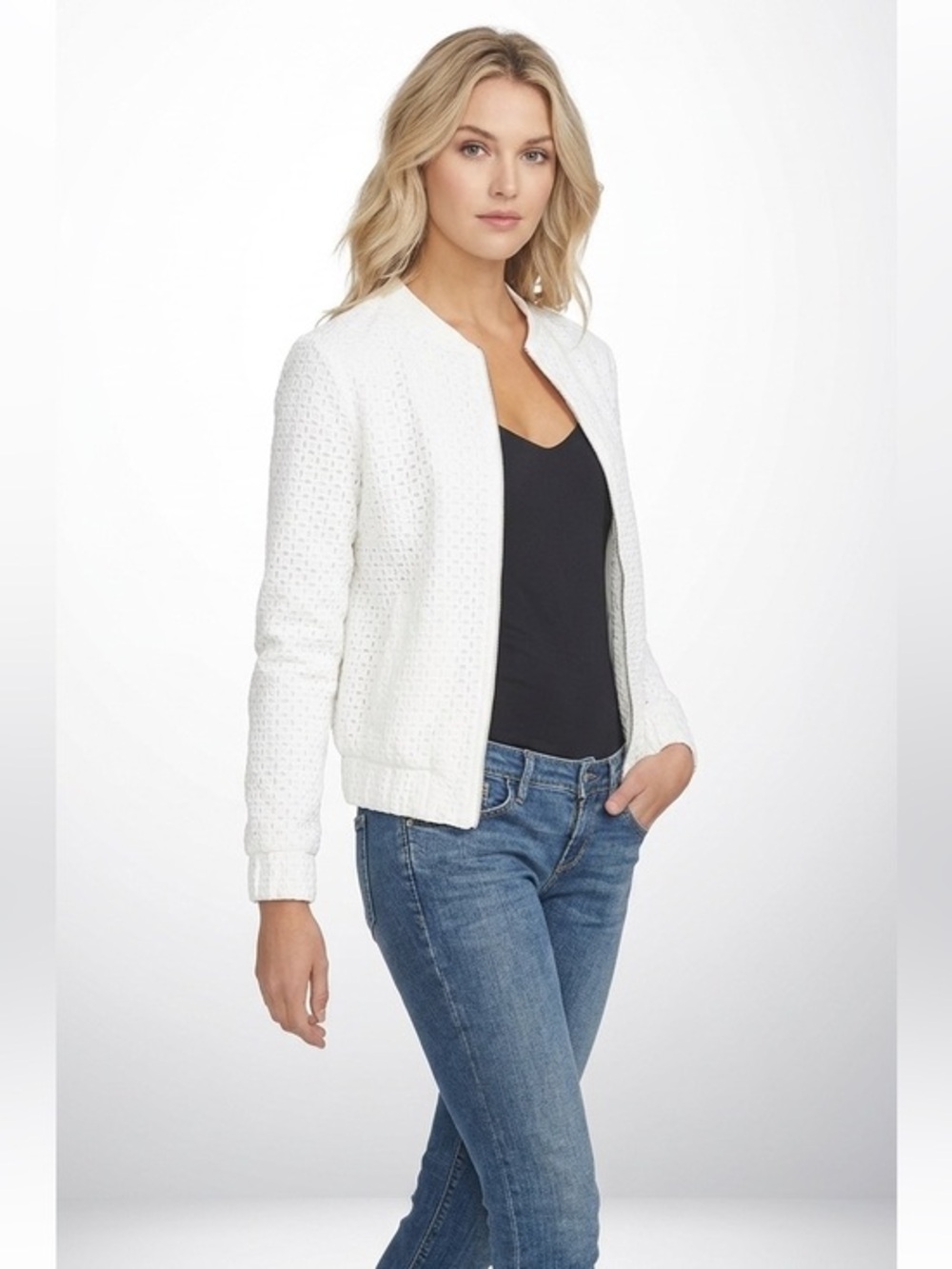 New “I State” White Eyelet Crochet Bomber Jacket